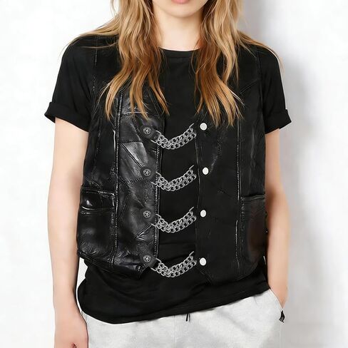 4Pcs Black PU Leather Motorcycle Vest Extenders Punk Style Flat Round Decortaive Alloy Double Chain Link Buckle in Kuwait