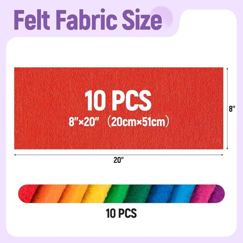 10 Sheets Felt Fabric for Crafts, 8x20 Inch 1.4mm Thick, Assorted Colors DIY Sewing, Patchwork Material for Kids Arts, Home Decor (Rainbow) in Saudi Arabia