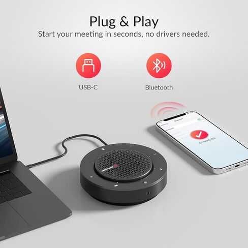 مكبر صوت بلوتوث للمؤتمرات، التقاط 4 ميكروفونات بزاوية 360 درجة، USB ولاسلكي، إلغاء الضوضاء، بطارية 10 ساعات، أدوات تحكم باللمس، التوصيل والتشغيل لاجتماعات التكبير/التصغير/الفرق (4-8 أشخاص)، صغير الحجم للعمل عن بعد، والسفر in Kuwait