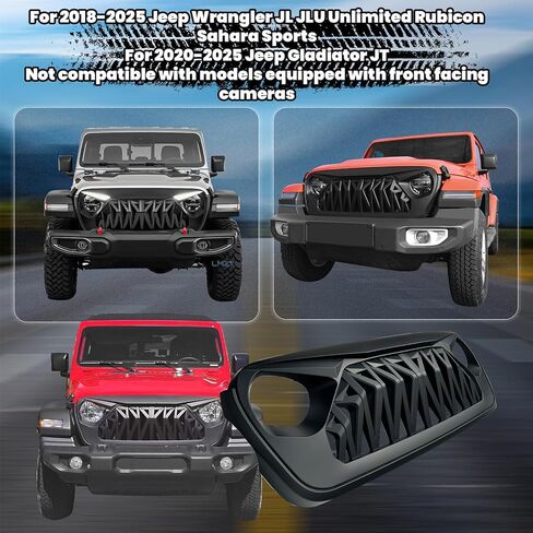 Front Bumper Upper Shark Grille Compatible with 2018-2025 Jeep Wrangler JL JLU & Gladiator JT w/o TrailCam, Matte Black ABS Replacement Radiator Grill in Saudi Arabia