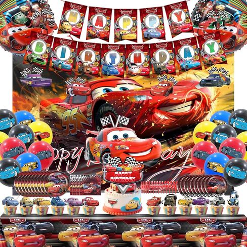 cars party decorations,party suppiles Inclusioning cake toppers, spiral hangings, dinner plates, tablecloths,stickers, in Kuwait