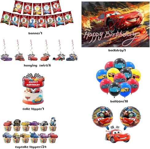 cars party decorations,party suppiles Inclusioning cake toppers, spiral hangings, dinner plates, tablecloths,stickers, in Kuwait
