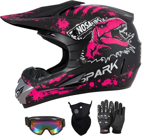 SPARK Youth Kids Dirt Bike Helmets - Lightweight & Vented, Full Face, 4Pcs Set with Gloves, Goggles & Mask for Ages 5-14 (Motocross ATV Off-Road) DOT Approved in Saudi Arabia