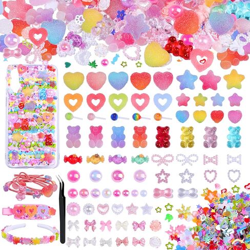 Kikonoke 420PCS Candy Junk Case Charms Kit, Cute Gummy Bear Heart Star Slime Charms, Pink White Flower Bow Pearls with Assorted Sequins for Phone Cases Nail Art Design Jewelry Making DIY Crafts in Saudi Arabia