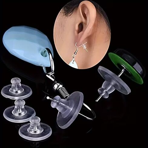 100pcs of Fishhook-Style Ear Hooks, Earring Backs Suitable for Drooping Earlobes, Featuring Replaceable Transparent Rubber Ear Hooks with Safety Stoppers and Soft Couplers in Kuwait