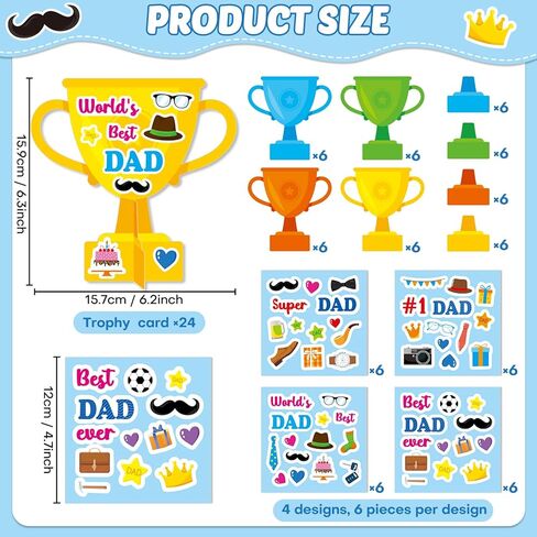 24 Set Father's Day Craft Kit for Kids Father's Trophy Greeting Card with Sticker Best Dad Ever DIY Art Crafts Card Make Your Own Bulk Dad Gift for Classroom School Project Activities Favor Supplies in Kuwait