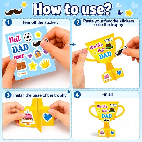 24 Set Father's Day Craft Kit for Kids Father's Trophy Greeting Card with Sticker Best Dad Ever DIY Art Crafts Card Make Your Own Bulk Dad Gift for Classroom School Project Activities Favor Supplies in Kuwait