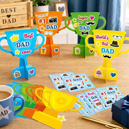 24 Set Father's Day Craft Kit for Kids Father's Trophy Greeting Card with Sticker Best Dad Ever DIY Art Crafts Card Make Your Own Bulk Dad Gift for Classroom School Project Activities Favor Supplies in Kuwait