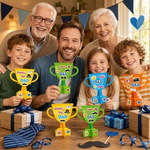 24 Set Father's Day Craft Kit for Kids Father's Trophy Greeting Card with Sticker Best Dad Ever DIY Art Crafts Card Make Your Own Bulk Dad Gift for Classroom School Project Activities Favor Supplies in Kuwait