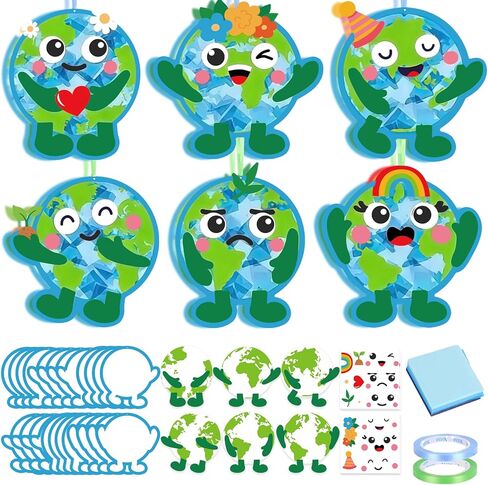 JarThenaAMCS 24Pcs Earth Day Craft Kit Suncatchers Crafts Save The Planet Cartoon Earth Tissue Paper Sign for Environment Protection Party Favors Window Art DIY Project in Kuwait