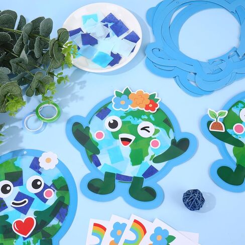 JarThenaAMCS 24Pcs Earth Day Craft Kit Suncatchers Crafts Save The Planet Cartoon Earth Tissue Paper Sign for Environment Protection Party Favors Window Art DIY Project in Kuwait