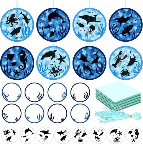 AnyDesign 32 Sets Summer Ocean Shark Suncatcher Paper Crafts Kit Under The Sea Animal DIY Tissue Paper Crafts Hanging Ornament for Stained Glass Window Party Classroom Decor in Kuwait