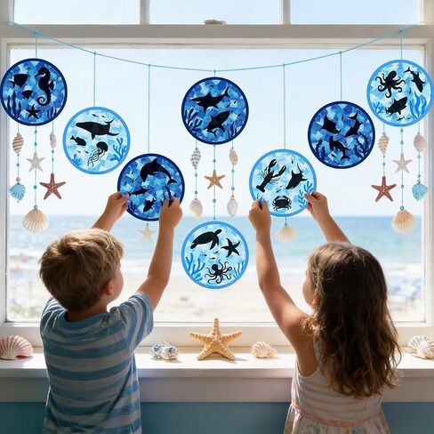 AnyDesign 32 Sets Summer Ocean Shark Suncatcher Paper Crafts Kit Under The Sea Animal DIY Tissue Paper Crafts Hanging Ornament for Stained Glass Window Party Classroom Decor in Kuwait