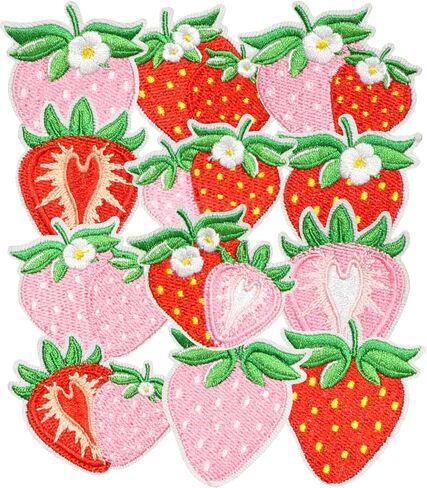 12PCS Strawberry Embroidery Patches Iron On Cute Fruit Floral Patches for Clothes Hats Bags Jackets DIY Sewing Applique Set in Kuwait