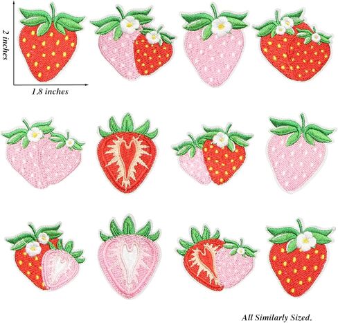 12PCS Strawberry Embroidery Patches Iron On Cute Fruit Floral Patches for Clothes Hats Bags Jackets DIY Sewing Applique Set in Kuwait