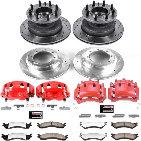 طقم الفرامل والفرجار الأمامي والخلفي من PowerStop لسيارة Ford E-350 Club Wagon 2003-05 - دوارات قرصية محفورة ومشقوقة + وسادات فرامل Z36 + فرجار مطلي بمسحوق أحمر، KC4435-36 in Kuwait
