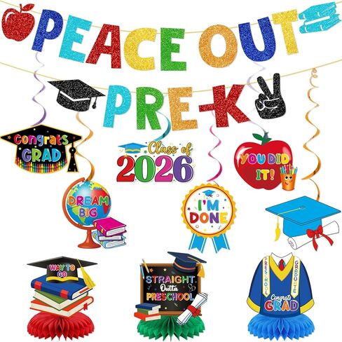 Pre K Graduation Decorations: Peace Out Pre-K Banner Hanging Swirls Centerpieces Prek Graduation Decorations 2026 Peace Out Kindergarten Decor for End of School Year Last Day of Preschool Party Supplies in Kuwait