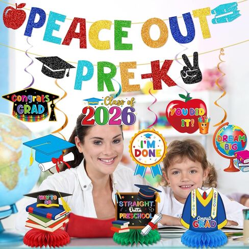 Pre K Graduation Decorations: Peace Out Pre-K Banner Hanging Swirls Centerpieces Prek Graduation Decorations 2026 Peace Out Kindergarten Decor for End of School Year Last Day of Preschool Party Supplies in Kuwait