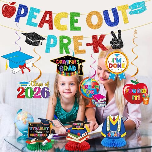 Pre K Graduation Decorations: Peace Out Pre-K Banner Hanging Swirls Centerpieces Prek Graduation Decorations 2026 Peace Out Kindergarten Decor for End of School Year Last Day of Preschool Party Supplies in Kuwait