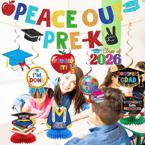 Pre K Graduation Decorations: Peace Out Pre-K Banner Hanging Swirls Centerpieces Prek Graduation Decorations 2026 Peace Out Kindergarten Decor for End of School Year Last Day of Preschool Party Supplies in Kuwait