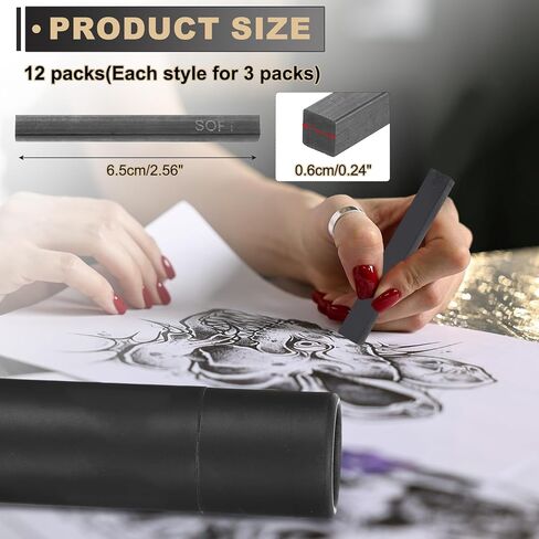 MECCANIXITY Compressed Charcoal Sticks, Soft/Medium/Hard Grade Square Vine Charcoal Sticks Set Art Supplies for Painting Drawing Sketching Shading Artists Beginners(Pack of 12) in Kuwait