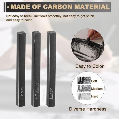 MECCANIXITY Compressed Charcoal Sticks, Soft/Medium/Hard Grade Square Vine Charcoal Sticks Set Art Supplies for Painting Drawing Sketching Shading Artists Beginners(Pack of 12) in Kuwait
