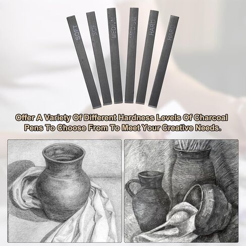 MECCANIXITY Compressed Charcoal Sticks, Soft/Medium/Hard Grade Square Vine Charcoal Sticks Set Art Supplies for Painting Drawing Sketching Shading Artists Beginners(Pack of 12) in Kuwait