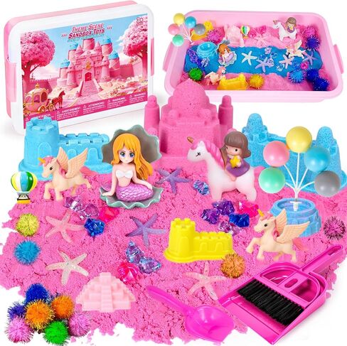 Unicorn Sensory Sand Bin, Sandbox Play Sand Set Sensory Bins for Kids Toddlers Sensory Toys with 2.2lbs Sand, Castle Mould, Mermaid, Tools, Sand Art Kit for Girls Ages 2 3 4 5 6 7 8 Gift in Kuwait