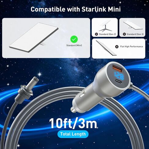3 in 1 Starlink Mini Car Adapter 10Ft, 12V-24V Cigarette Lighter Adapter with USB C/USB A 30W Ports, Starlink Mini Accessory for Trucks, RVs, Boats, Cars in Saudi Arabia