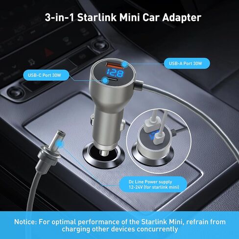 3 in 1 Starlink Mini Car Adapter 10Ft, 12V-24V Cigarette Lighter Adapter with USB C/USB A 30W Ports, Starlink Mini Accessory for Trucks, RVs, Boats, Cars in Saudi Arabia