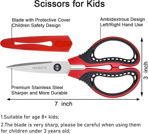 7" Children Scissors for Age 8+,Pointed Tip Craft Scissors with Protective Cover,Left Right Handed Kids Scissors,Soft Comfort Grips for School Classroom Home Art DIY Supplies,3 Pack in Saudi Arabia