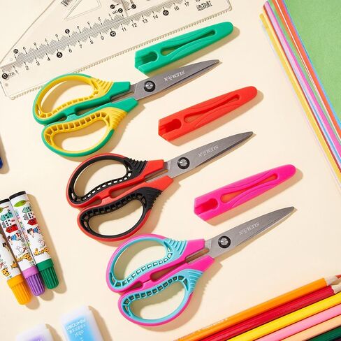 7" Children Scissors for Age 8+,Pointed Tip Craft Scissors with Protective Cover,Left Right Handed Kids Scissors,Soft Comfort Grips for School Classroom Home Art DIY Supplies,3 Pack in Saudi Arabia