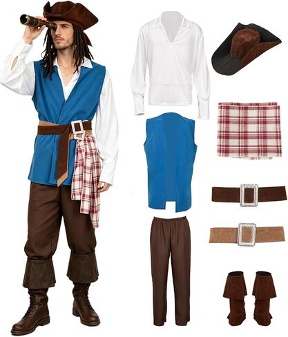 Pirate Costume Men Cosplay Pirate Outfit Halloween Adult Captain Shirt Pants Belt Dress Up Full Suit 9 Pcs in Saudi Arabia