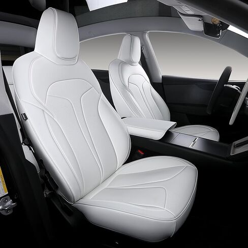 Custom Fit Seat Covers for 2025 2026 Tesla Model Y Juniper (5-Seater), Waterproof Breathable Nappa Leather, OEM Style Full Set Protectors, Airbag Compatible - White in Saudi Arabia
