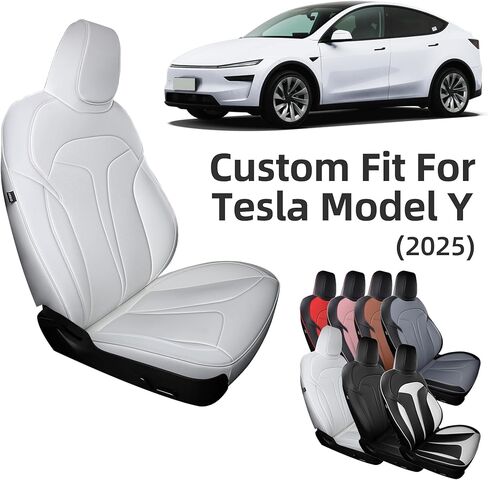 Custom Fit Seat Covers for 2025 2026 Tesla Model Y Juniper (5-Seater), Waterproof Breathable Nappa Leather, OEM Style Full Set Protectors, Airbag Compatible - White in Saudi Arabia