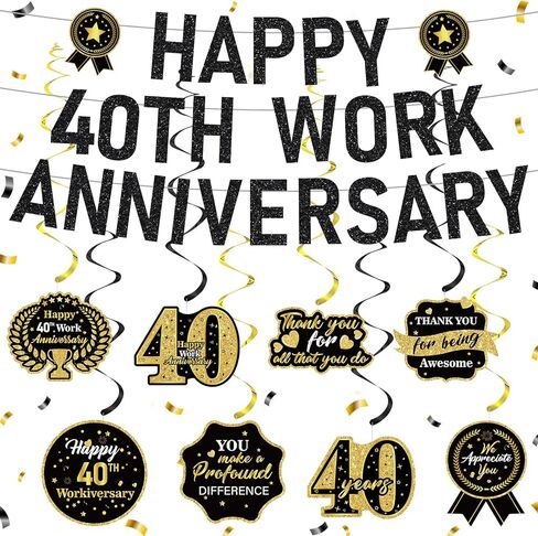 11pcs 40 Year Work Anniversary Decorations Black Gold Happy 40th Work Anniversary Banner Hanging Swirls Employee Appreciation Decorations Supplies 40 Year Workiversary Gifts for Employee Worker in Kuwait