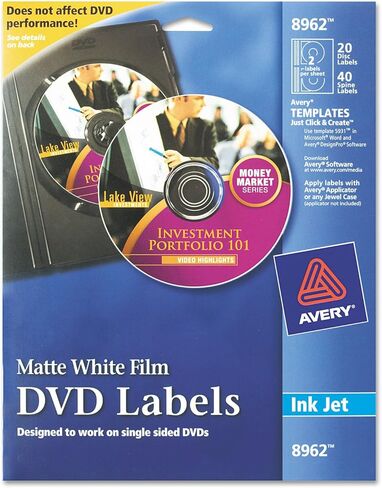 Avery 8962 DVD Inkjet Labels, 20 Sheet/2 Labels P/Sheet, Matte, White in Saudi Arabia
