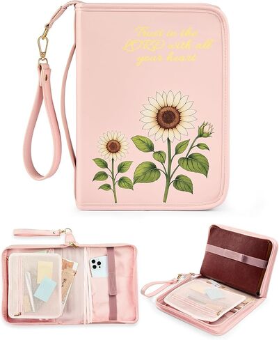 Bible Cover Case for Women, Large PU Leather Bible Bag with Multiple Pockets, Reinforced Handle and Wrist Strap, Zippered Organizer for Bible Study and Church, Gift for Her, Beige in Saudi Arabia