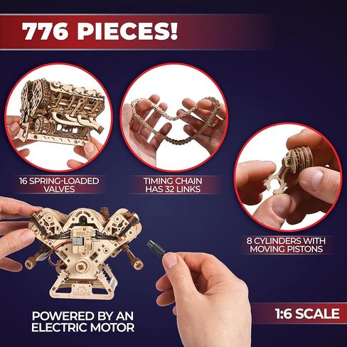 UGEARS V8 Engine Wooden Model Kits for Adults to Build – 3D Wooden Puzzles for Adults Mechanical Model Building – DIY Kit Functional Model Engine Kits Replica with Electric Motor - 776 Pcs in Kuwait