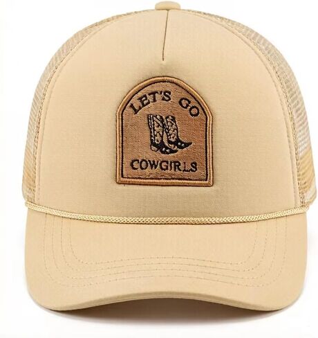 قبعة سائق الشاحنة Let's Go Cowgirl ذات تاج عالٍ من الإسفنج الشبكي، قبعة سائق الشاحنة مع مشبك خلفي مفصل برسومات راعية البقر الساحلية السوداء in Kuwait