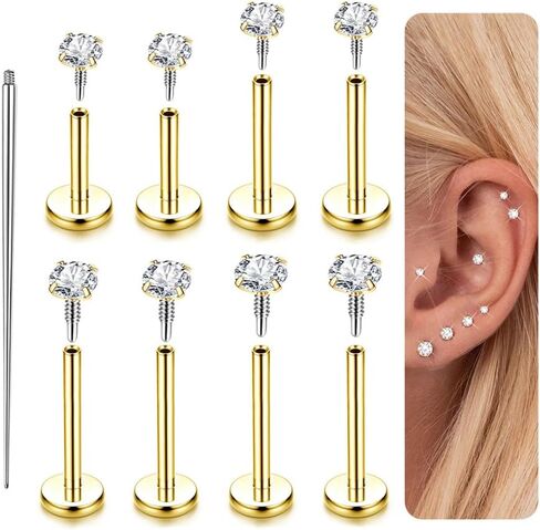 14K Gold Plated Flat Back Stud Earrings - 316L Surgical Steel Internal Thread CZ Stud Piercing Jewelry for Tragus Helix Cartilage Conch Nose Hypoallergenic Lip Monroe Labret Medusa Piercing 16G 18G in Saudi Arabia