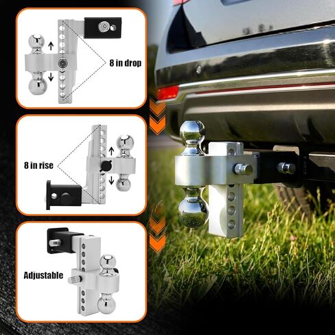 جهاز استقبال Drop Hitch مقاس 2.5 بوصة، حامل كرة وصلة مقطورة مقاس 8 بوصة قابل للتعديل، 12000 رطل GTW(2 بوصة و2-5/16 بوصة) كرات فولاذية مطلية بالكروم، وصلة سحب من الألومنيوم 2.5 بوصة، 2 أقفال دبابيس مضادة للسرقة in Kuwait