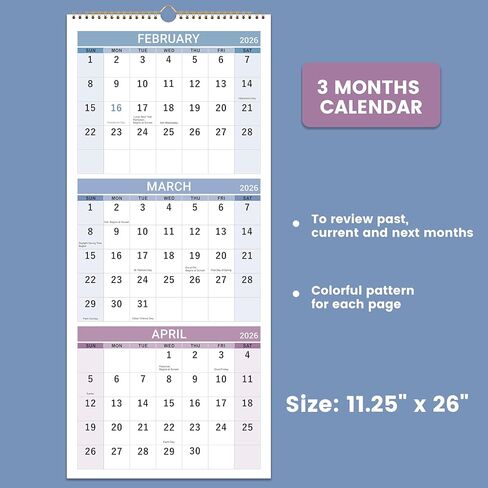 2026 Wall Calendar - 3 Month Calendar 2026 Vertical, Jan 2026 - Dec 2026, 2026 Calendar Planner 2026, 11" x 26", Large, Lay- Flat, Perfect for Your Busy Schedule in Kuwait