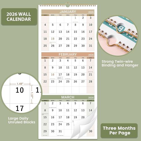 2026 Wall Calendar - 3 Month Calendar 2026 Vertical, Jan 2026 - Dec 2026, 2026 Calendar Planner 2026, 11" x 26", Large, Lay- Flat, Perfect for Your Busy Schedule in Kuwait