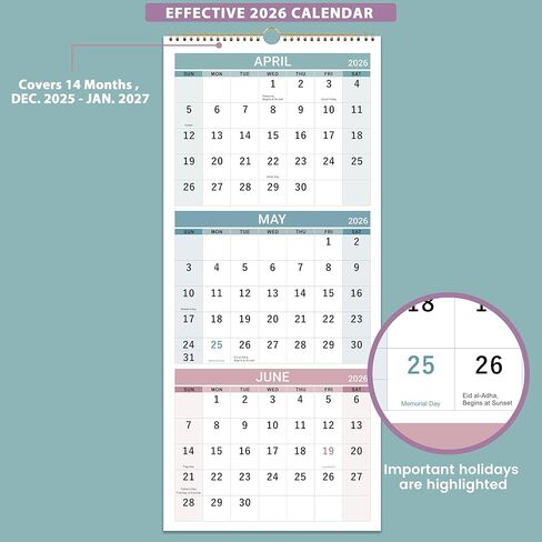 2026 Wall Calendar - 3 Month Calendar 2026 Vertical, Jan 2026 - Dec 2026, 2026 Calendar Planner 2026, 11" x 26", Large, Lay- Flat, Perfect for Your Busy Schedule in Kuwait
