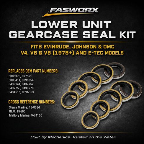 طقم ختم الوحدة السفلية لعلبة التروس FASWORX لـ Evinrude Johnson OMC V4 V6 V8 75-300 HP Outboards & E-TEC - يستبدل OEM 5006373، 0439141، Sierra 18-8384 - التحول الميكانيكي فقط in Kuwait