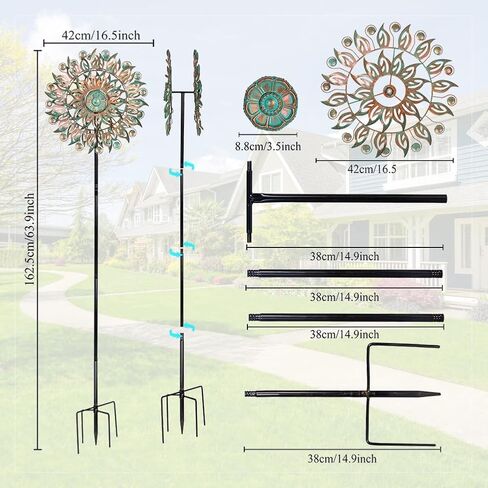DREAMYSOUL Metal Wind Spinner, 16.5" Dia *64" Tall Large Wind Spinners Outdoor, 5 Pronged Kinetic Wind Sculptures & Spinners for Garden and Yard (Bronze) in Kuwait