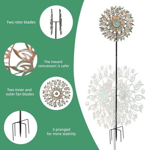 DREAMYSOUL Metal Wind Spinner, 16.5" Dia *64" Tall Large Wind Spinners Outdoor, 5 Pronged Kinetic Wind Sculptures & Spinners for Garden and Yard (Bronze) in Saudi Arabia