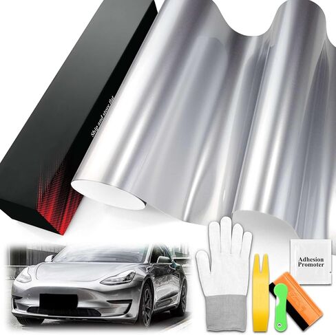 1.6FTx5FT PET فائق اللمعان معدني GT فضي عالي اللمعان من الفينيل التفاف السيارات ملصق لاصق للسيارة ورقة فيلم خالية من الفقاعات تقنية تحرير الهواء مع مجموعة أدوات in Kuwait