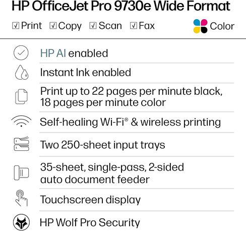HP OfficeJet Pro 9730e Wide Format Wireless All-in-One Color Inkjet Printer, Print, scan, Copy, ADF, Duplex Printing Best-for-Office, 3 Month Instant Ink, AI-Enabled (537P6A) (Renewed) in Kuwait
